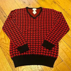 Maus & Hoffman V Neck Large Houndstooth Pima Cotton L/S Sweater Black Red Sz L
